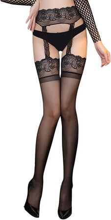 Чорні мереживні панчохи з ремінцями Klönkee для жінок, 12 Den, універсальний розмір