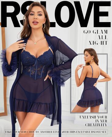 RSLOVE Комплект сексуальної білизни з мережива для жінок - нічна сорочка-бабідол, комплект з 2 частин, нігтя, (L, темно-синій)