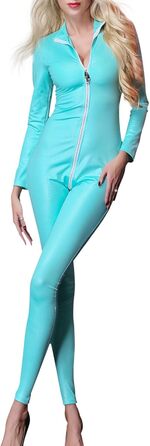 Жіночий боді з еластичної шкіри, облягаючий, з V-подібним вирізом, на блискавці, для клубу (XL, Синій)