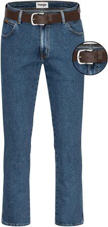 Чоловічі стрейч-джинси Wrangler Texas Regular Fit Authentic Straight (Stonewash) з коричневим ременем, розмір 50W / 32L