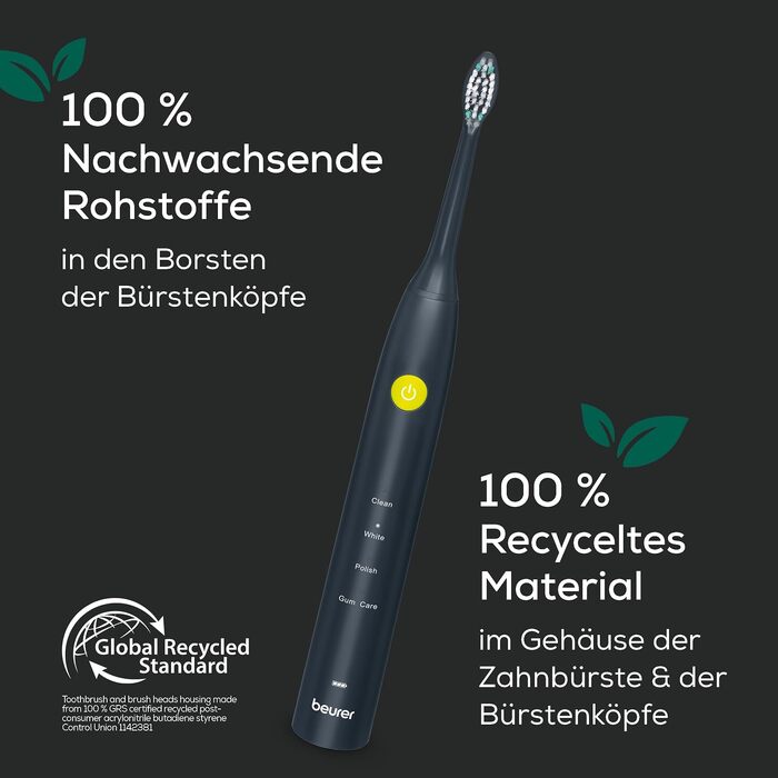 Електрична звукова зубна щітка Beurer SC 30 Jet Black: 4 режими чищення, 80 000 вібрацій, LED-дисплей та акустичний таймер, 2 насадки, еко-корпус
