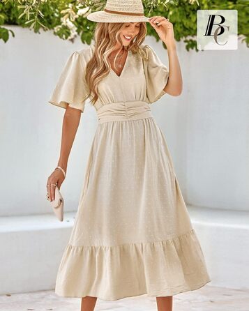 Сукня літня жіноча BebreezChic Boho максі, бежева, з V-поглибленням та квітковим принтом, висока талія, швейцарська сітка