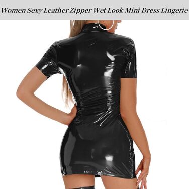 Міні-сукня з еластичної шкіри на блискавці, облягаюча, чорна (S, короткий рукав)