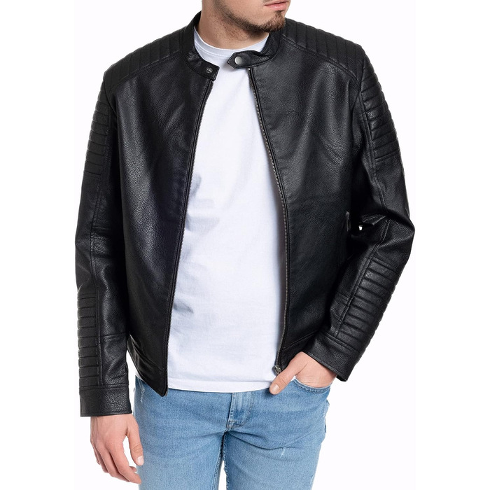 Чоловіча шкіряна куртка-байкер Jack & Jones штучна шкіра, чорна (Розмір L, модель Jate)