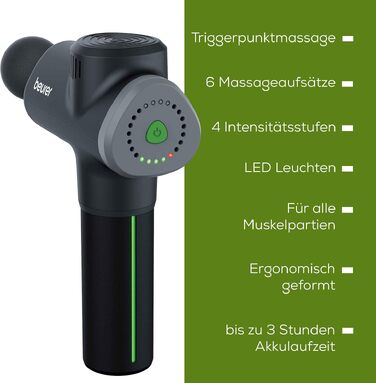 Перкусійний масажер Beurer MG 79 Massage Gun Sensitive: компактний масажний пістолет для чутливих зон, 3 насадки та 3 рівні інтенсивності