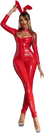 Сексуальний костюм-комбінезон з латексу/шкіри для жінок, відкритий крок, червоний (M)