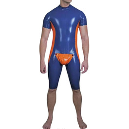 Латексний комбінезон YZPNBW для чоловіків: сексуальний catsuit з короткими рукавами та шортами, блакитний та помаранчевий