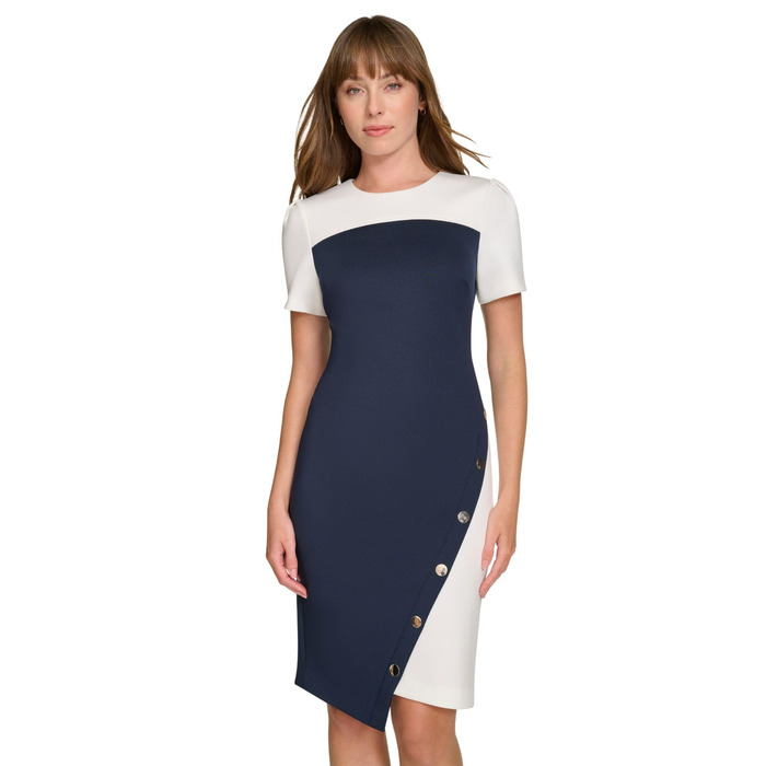 Сукня-футляр Tommy Hilfiger Scuba-Krepp, короткий рукав, з заклепками, асиметричний поділ, розмір 36-38, колір Sky Captain/Elfenbein