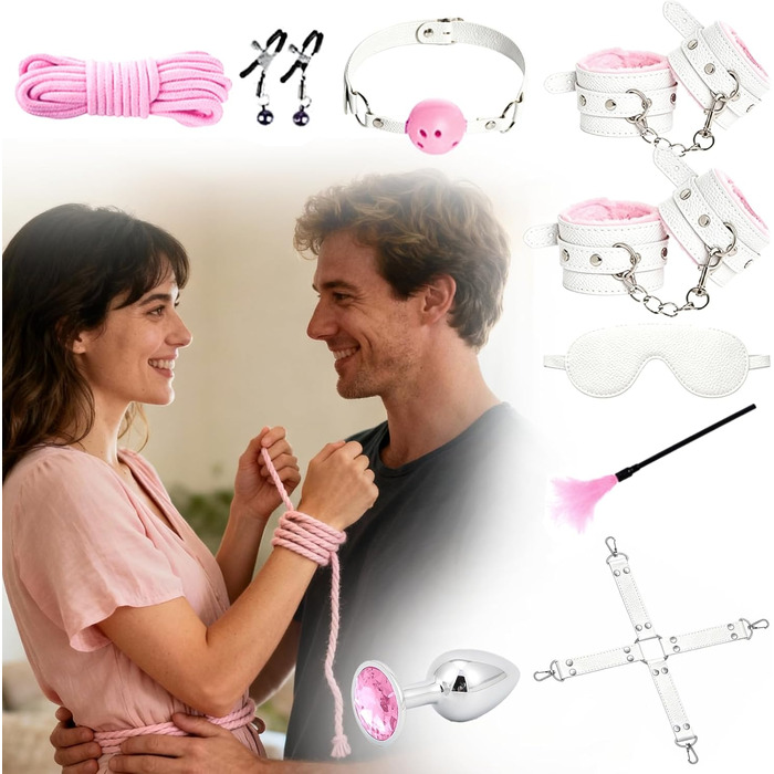 Набір для БДСМ зв'язування: пов'язка на очі, бандаж, наручники, анальний плаг, клямки для сосків, бавовняне трос, петарди, для пар (рожевий та білий)