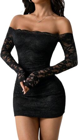 Сукня SweatyRocks з мереживом, чорна: елегантна міні з довгим рукавом, готичний стиль, сексуальний дизайн, без бретелек, для вечірок та фестивалів