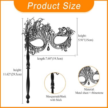 Венеціанська маска JewelryWe з держальником для жінок, металева маска з кристалами для маскараду, аксесуар до костюма для Хелловіну, карнавалу, вечірки, маскараду (чорна)