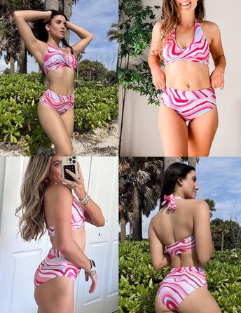 Бікіні Ecouaer для жінок: комплект двочастинний з високою талією, корегуючий животик, топ-халтер, S-X (L, Рожевий)