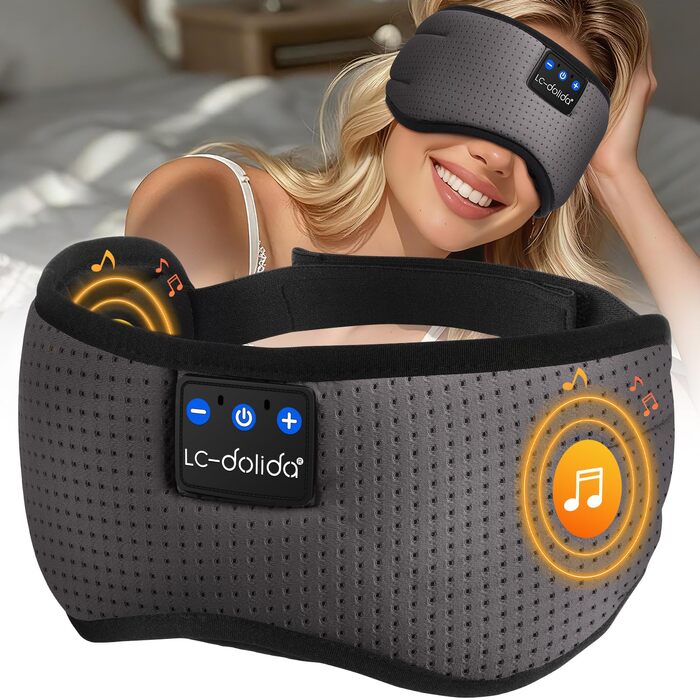 Маска для сну з Bluetooth-навушниками LC-dolida V5.4, дихаюча бавовняна пов'язка на очі з мікрофоном для подорожей, йоги та медитації, HiFi звук, 15 годин роботи (Сіра)