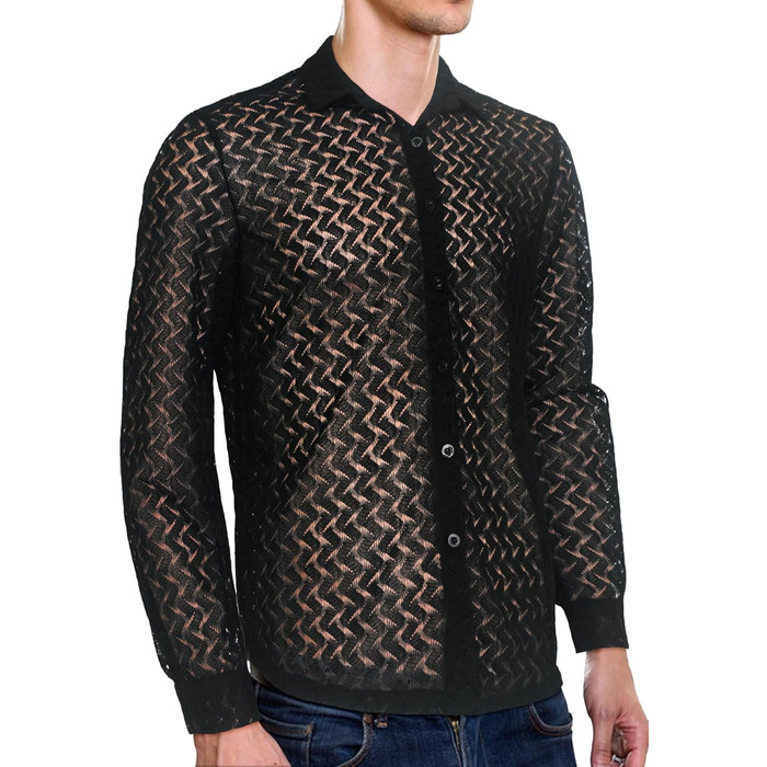 Чоловіча прозора сорочка Panegy з мереживом, сітка, чорна (XXL)