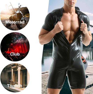 Чоловічі шорти QiaTi без рукавів з блискавкою, легінси з екошкіри, боді з двома кишенями для повсякденного та клубного стилю (XL, чорний)