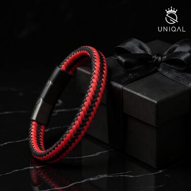 Чоловічий шкіряний браслет UNIQAL 'BRAID' з плетення та нержавіючої сталі, червоно-білий, 21 см, у подарунковій коробці