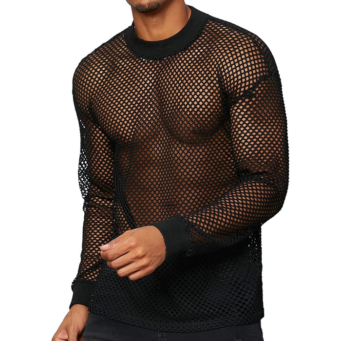 Чоловіча сітчаста сорочка/сітка, блискуче прозоре т-подібне мереживне сорочко з короткими рукавами, клубний стиль, літня мереживна кофта - XS-3XL, чорний S