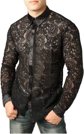 Чоловіча сорочка з сітки Bollrllr, прозора, облягаюча, з мереживом, для вечірок, клубів, випускного, розмір XXL, модель 6