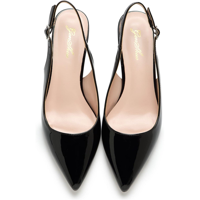 Жіночі елегантні туфлі-човники GENSHUO на низьких підборах (kitten heels) з відкритою п'ятою, чорний лак, розмір 42 EU
