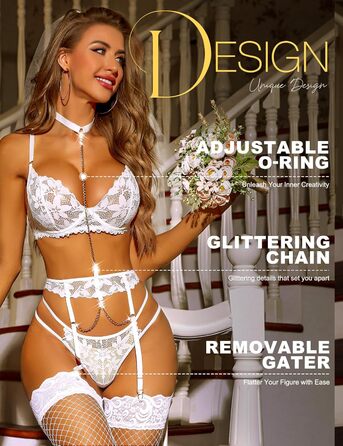 RSLOVE Комплект жіночої білизни: мереживний бюстгальтер, стрінги та поясок, білий, розмір M