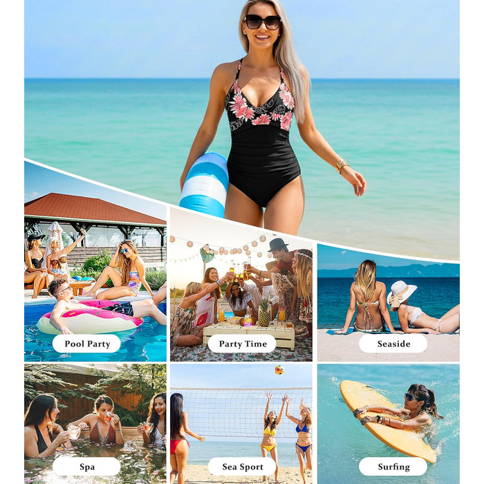 Купальник жіночий з ефектом корекції фігури Monokini V-подібний виріз Push-Up (Рожеві квіти, XL)