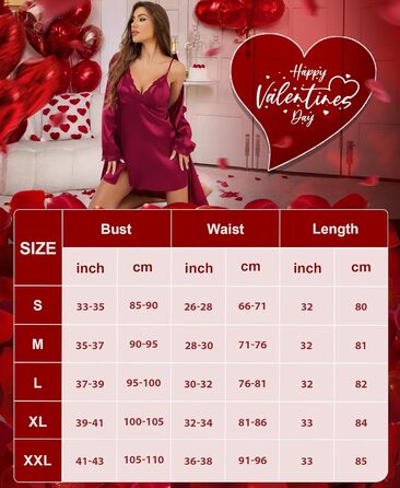 RSLOVE Комплект жіночого шовкового нічного одягу з мереживом - Сексуальна піжама, нігть, халат (L, Бордовий)