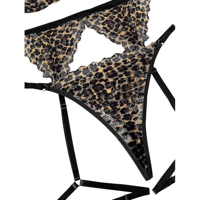 Сексуальний комплект нижньої білизни Lilosy з чокером, мереживо з квітковим візерунком, пуш-ап, стрінг, для жінок, прозорий бюстгальтер та трусики, 3-частинний, XXS, мереживний леопардовий принт