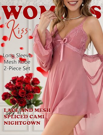 Комплект жіночої білизни AIEOE: мереживний халат-сорочка та нічна сорочка (рожевий, S)