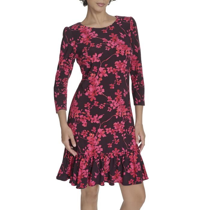 Сукня Tommy Hilfiger Autumn Blossom приталена 3/4 рукав, баклажан/багатобарвна