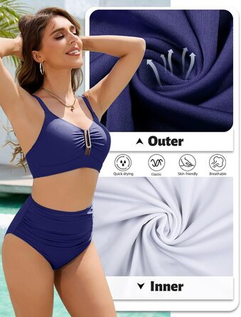 БІКІНІ Daen Set Push Up з високою талією, суцільний двочастинний купальник, сексуальний металевий U-подібний виріз з бантиком, жіночий купальник для плавання (Темно-синій, XXL)