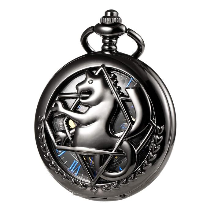 Механічний кишеньковий годинник TREEWETO Fullmetal Alchemist Steampunk Skeleton з подвійним кришкою та ланцюжком, чорний