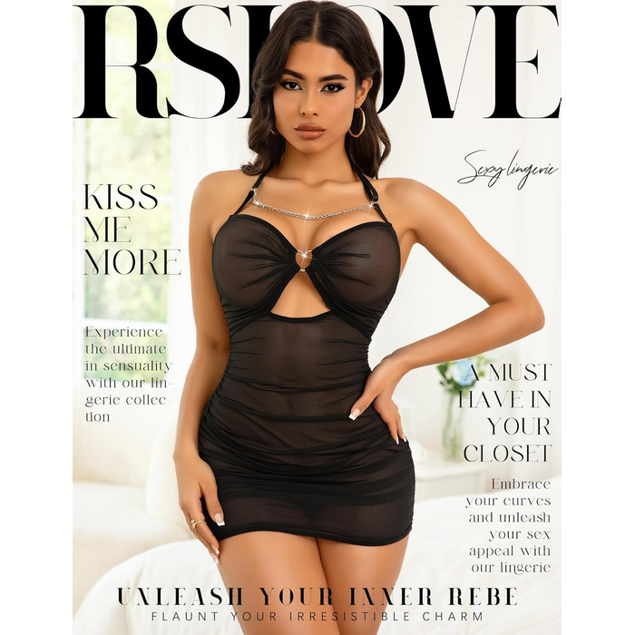 RSLOVE Сексуальне нічне вбрання для жінок - Babydoll, прозорий мереживний комплект нижньої білизни, чорний