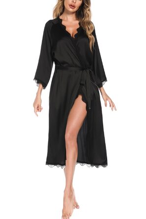 Шовковий халат Aranmei для жінок: довгий, з V-подібним вирізом, 3/4 рукава, нічний халат, халат для сну, кімоно, чорний, з мереживом