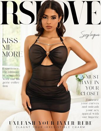 RSLOVE Сексуальне нічне вбрання для жінок - Babydoll, прозорий мереживний комплект нижньої білизни, чорний