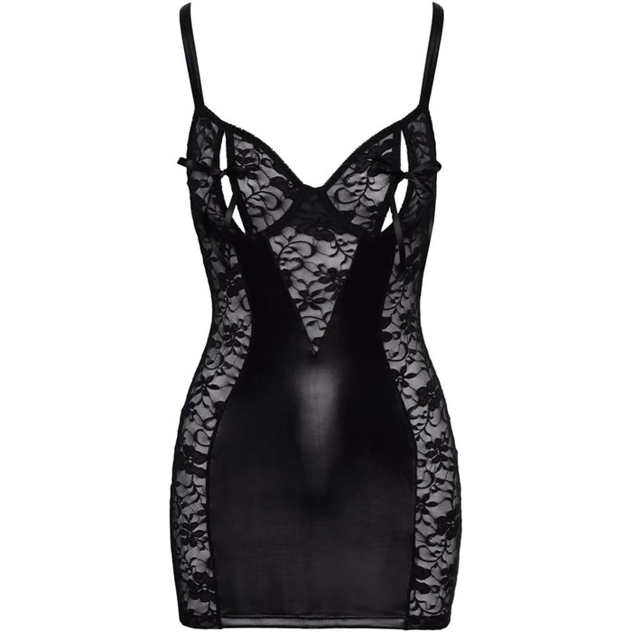 Чорна сукня Orion Dessous - фігурна сукня-negligé для жінок з розрізами на чашках бюстгальтера, сатиновими бантиками та квітковою мереживом