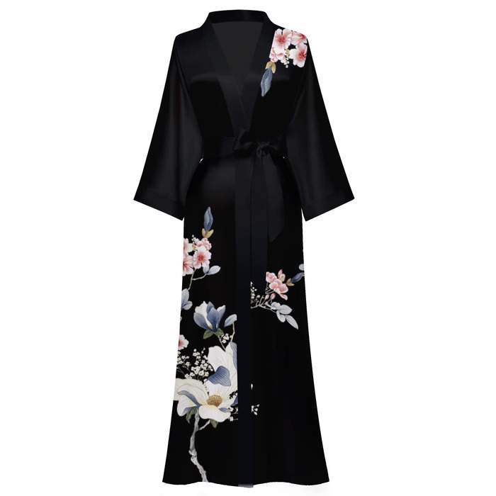 Жіночий шовковий халат-кімоно Moreone з квітковим принтом, довгий, атласний, для нареченої та дружок, нічна сорочка (Чорний, 6)