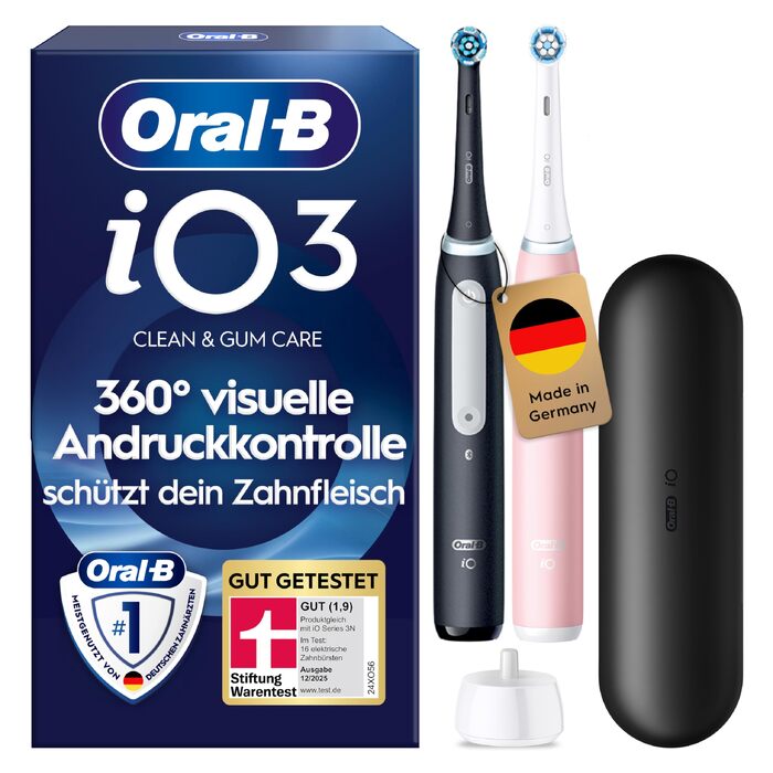 Електрична зубна щітка Oral-B iO Series 3, чорна, 3 режими чищення, набір з 2 щіток (Matt Black та Blush Pink), 2 додаткові насадки та дорожній футляр