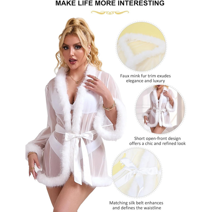 Кимоно Sunushinelady для жінок: коротка, з пір'ям, з поясом, прозора нічна сорочка, великі розміри, сексуальна піжама, пляжний халат, бікіні (білий, M-L)