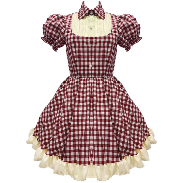 Сукня Лоліта в клітинку TTYAO REII з нагрудником, Короткий рукав, Костюм для косплею, Сукня для Хелловін, XXL, Темно-червоний, Бежевий