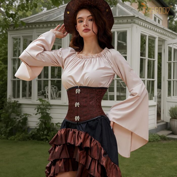 Корсет-топ JasGood Daen з підтримкою грудей, готичний вінтажний корсет, бюстєль, корсетне оздоблення на шнурівці, для костюмів на Хелловін (кававий жаккард, розмір M)