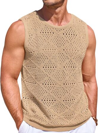 Чоловіча в'язана майка Runcati без рукавів з відкритим декором, кроп-топ, літня пляжна сорочка в стилі хіпі (Хакі, L)