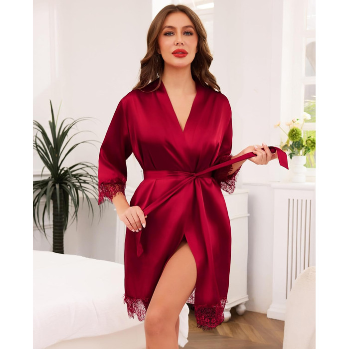 Халат жіночий Lovasy Satin з короткими рукавами, стиль кімоно, мереживо, сексуальний, для вечірки, весілля, з поясом, фіолетовий, червоний, L