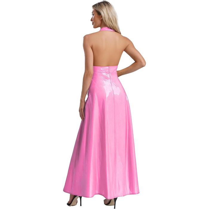 ТіаоБаг: Сукня з ефектом мокрого блиску, без бретелек, з глибоким V-подібним вирізом, з розрізом, рожевого кольору, для дому та вечірок