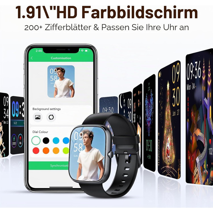Смарт-годинник унісекс 1.91' HD Touch з функцією дзвінків, 115+ спортивних режимів, фітнес-трекер IP68 з моніторингом пульсу, SpO2 та сну, крокомір для Android та iOS, чорний