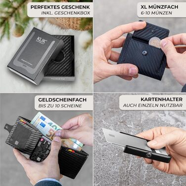 Мінімалістичний тонкий гаманець KLIK з монетницею та RFID захистом для чоловіків, натуральна шкіра, Carbon (AirTag XL)