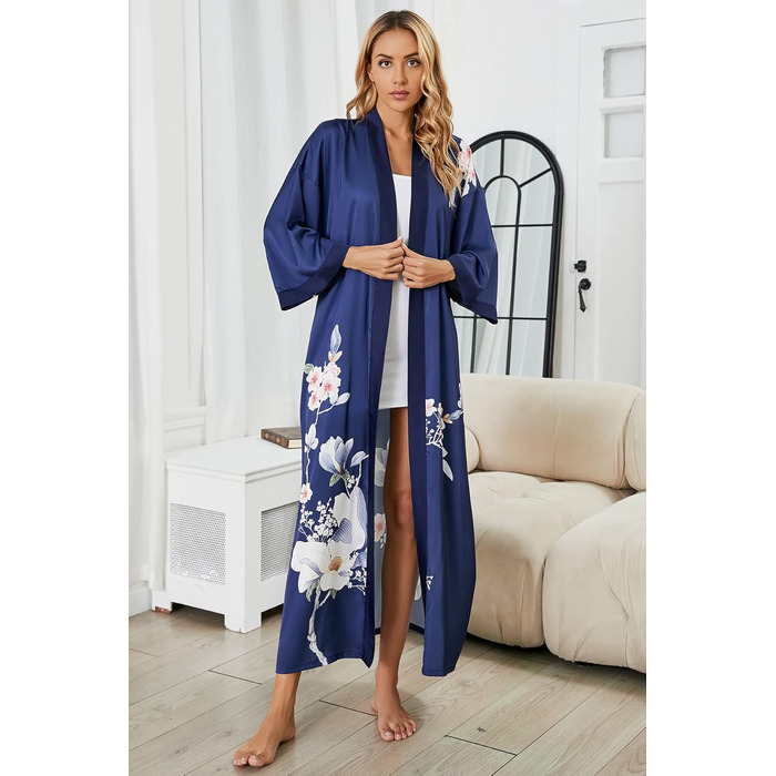 Жіночий шовковий халат-кімоно Moreone з квітковим принтом, довгий, нічна сорочка, атласний халат для нареченої та подружок нареченої (5-marine)