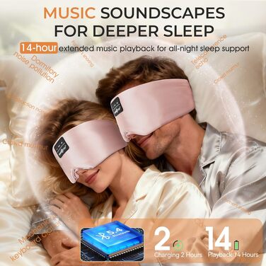 Bluetooth маска для сну MUSICOZY з навушниками 5.4, шовкова 3D маска для сну з повним затемненням, дихаюча, для тих хто спить на боці, 14 год роботи (Рожева)