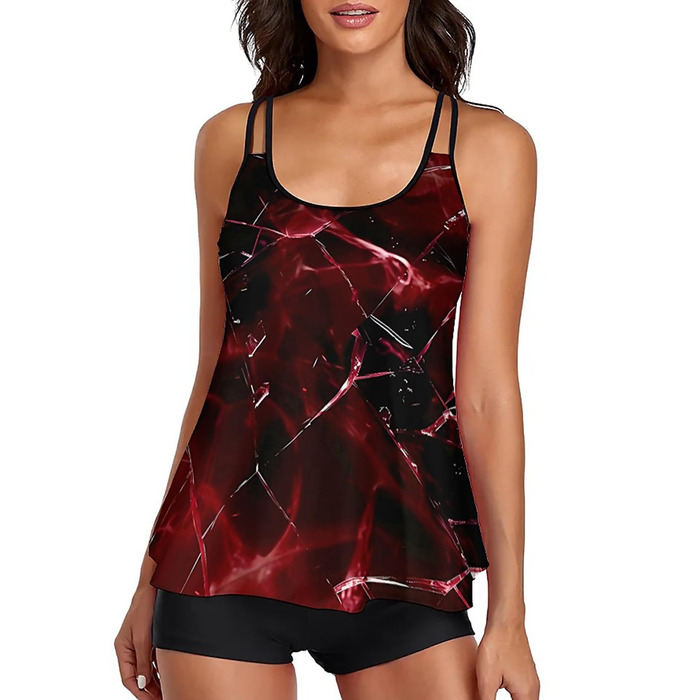 Танкіні жіночий купальник з шортами, комплект з двох частин, літній, чорний, червоний (S)