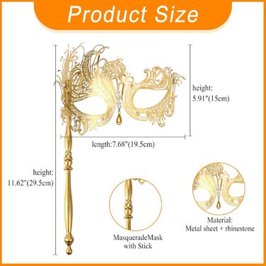 Набір з 3 венеціанських масок для жінок JewelryWe: металеві маски з стразами для карнавалу, Хелловіну, маскараду, з держателем