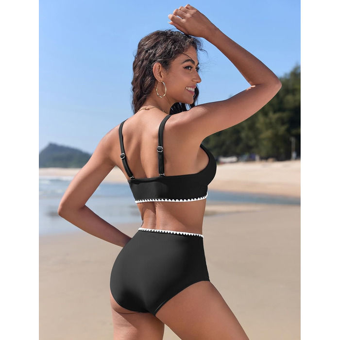 Бікіні жіночий комплект з V-подібним вирізом, двочастинний, з пуш-ап, висока талія, купальник сексуальний з білою мереживом, чорний, розмір S